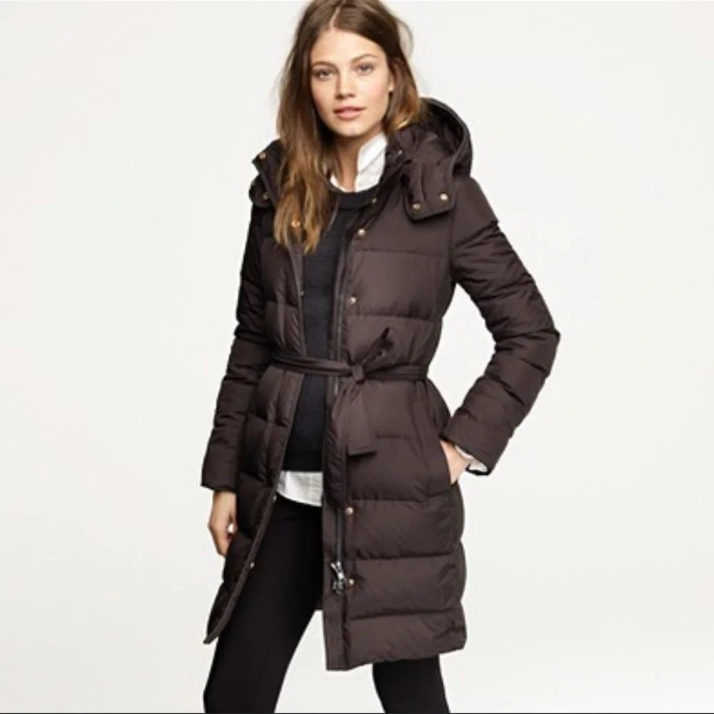 J Crew Women’s Long Black Puffer, Down Feathers, Removable Hood, Size xxs
